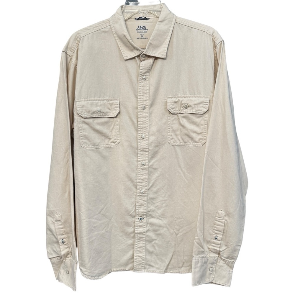 Izod Saltwater Beige Long Sleeve Button Front Shirt Men’s XL